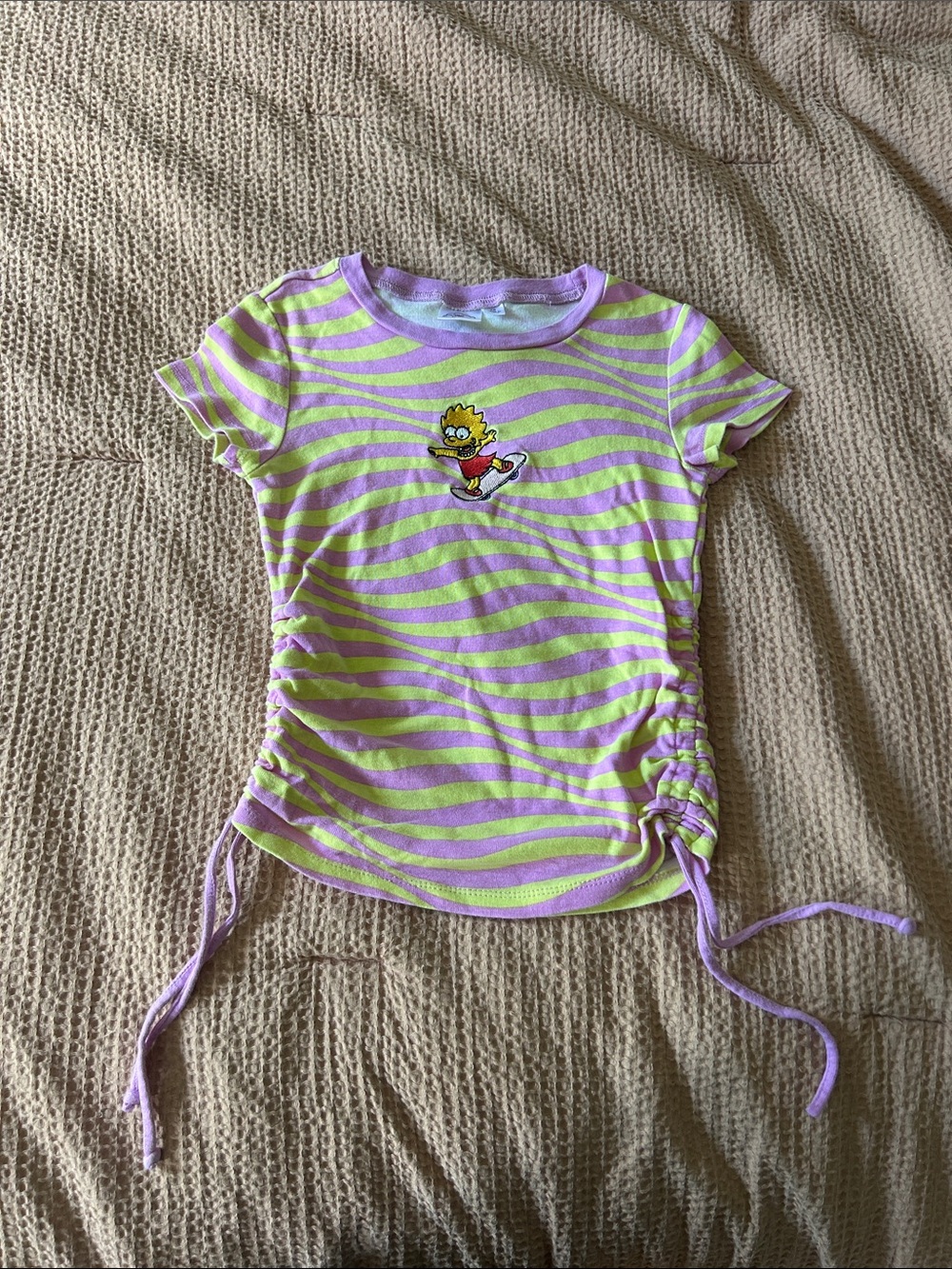 Girls' Purple and Lime Striped Short Sleeve Tee with Embroidered Cartoon Patch